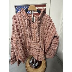 Vintage Baja SOL Mexican Poncho Hoodie Pink‎ Pastel Pullover Surfer Size Large